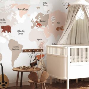 Fotobehang - Map in Shades of Beige - Continents With Animals