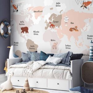 Fotobehang - Map in Shades of Beige - Continents With Animals