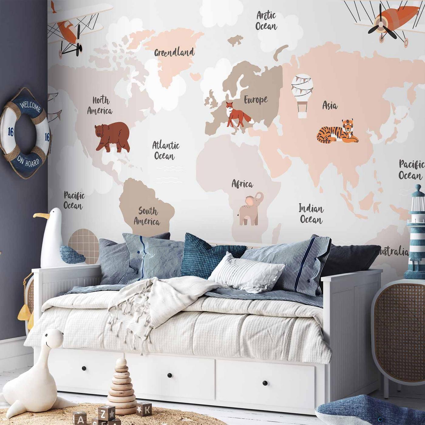 Fotobehang - Map in Shades of Beige - Continents With Animals