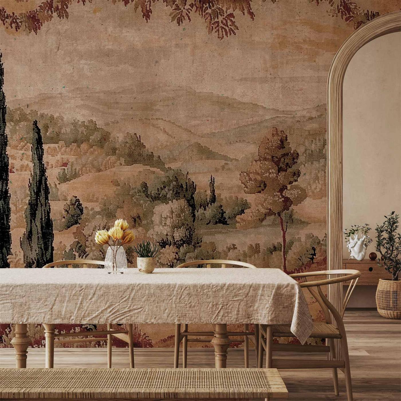 Fotobehang - Mediterranean landscape - old tapestry with a hill and a lake