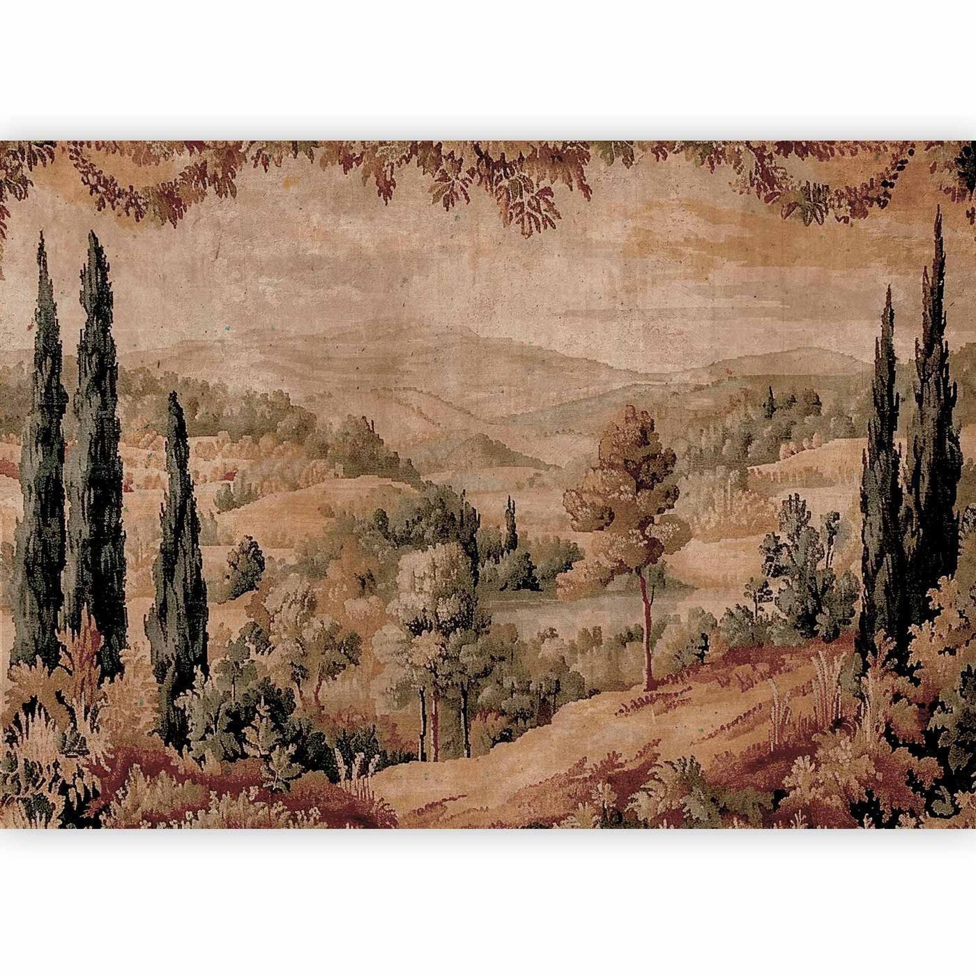 Fotobehang - Mediterranean landscape - old tapestry with a hill and a lake