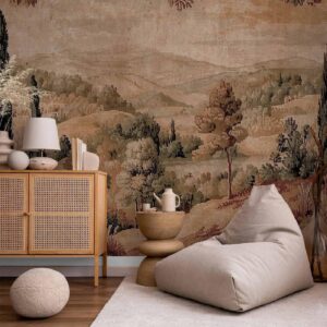 Fotobehang - Mediterranean landscape - old tapestry with a hill and a lake