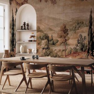 Fotobehang - Mediterranean landscape - old tapestry with a hill and a lake