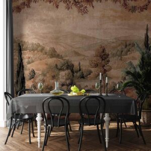 Fotobehang - Mediterranean landscape - old tapestry with a hill and a lake