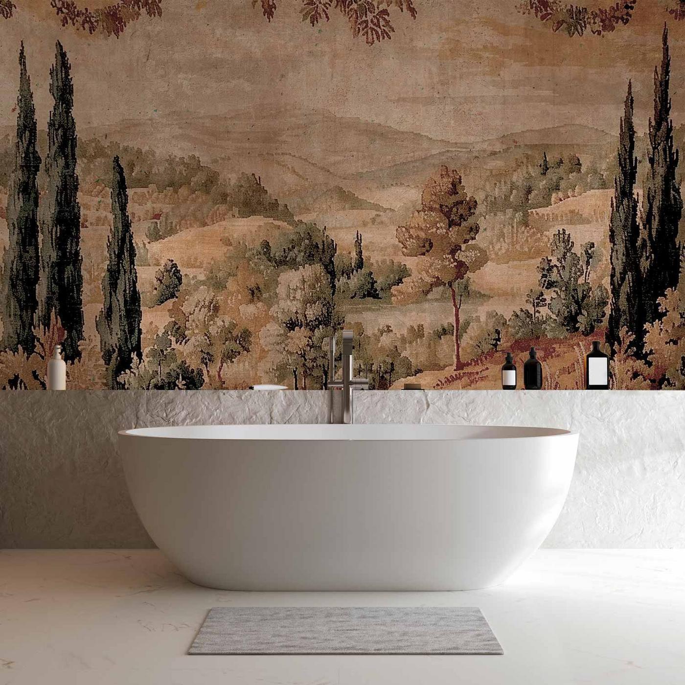 Fotobehang - Mediterranean landscape - old tapestry with a hill and a lake