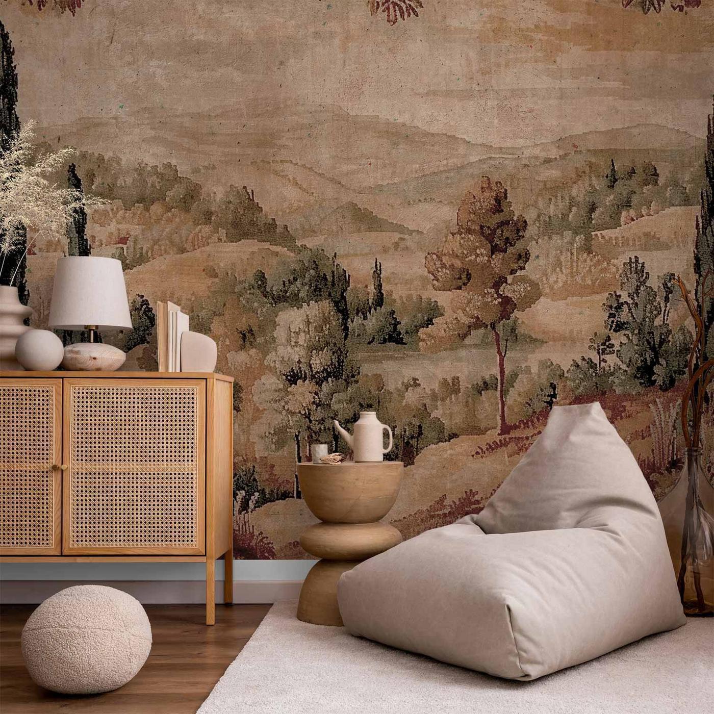 Fotobehang - Mediterranean landscape - old tapestry with a hill and a lake