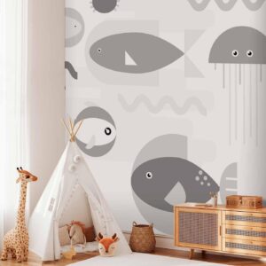 Fotobehang - Minimalist grey ocean - geometric fish in water for children