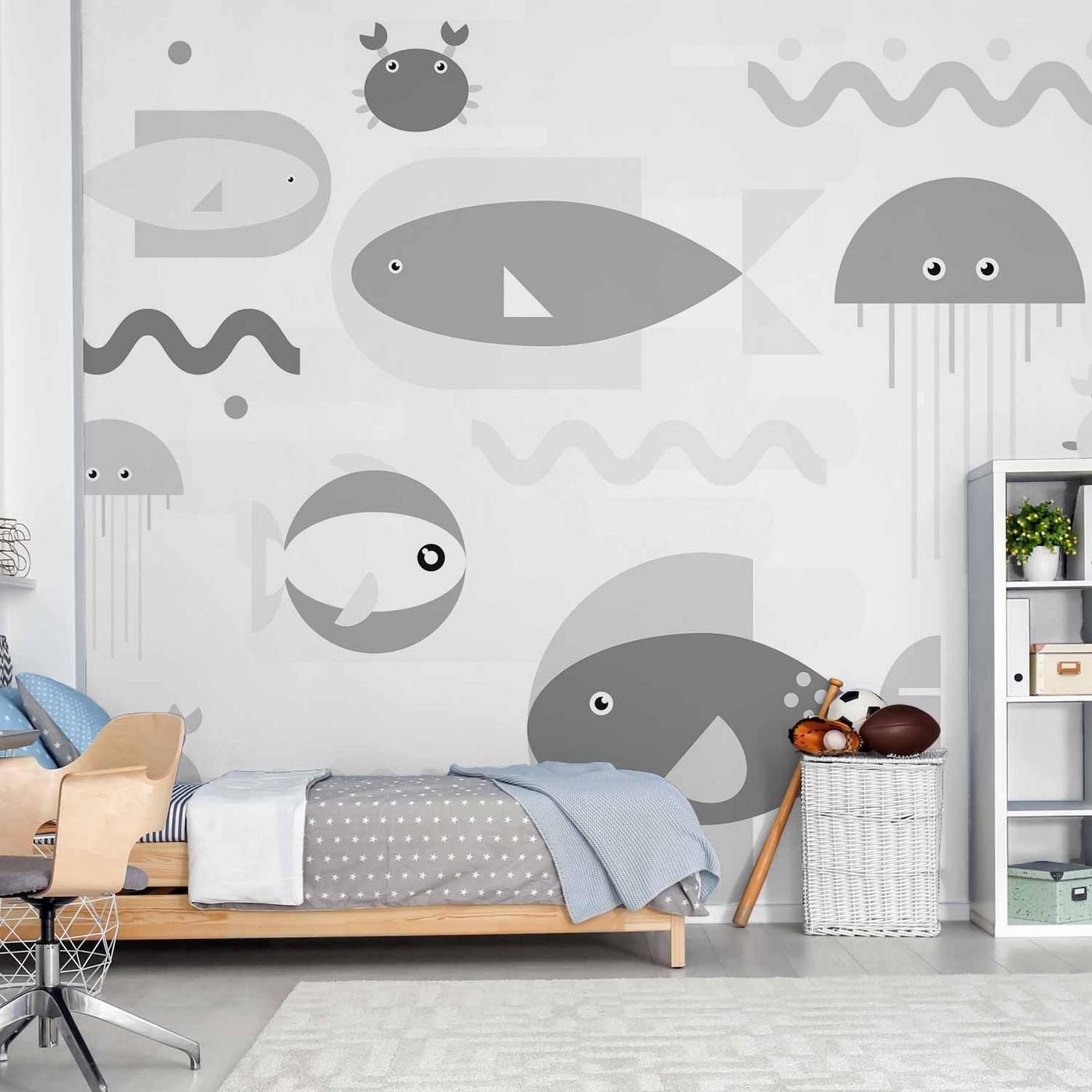 Fotobehang - Minimalist grey ocean - geometric fish in water for children