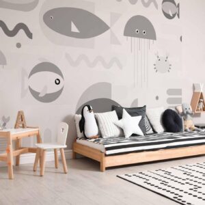 Fotobehang - Minimalist grey ocean - geometric fish in water for children