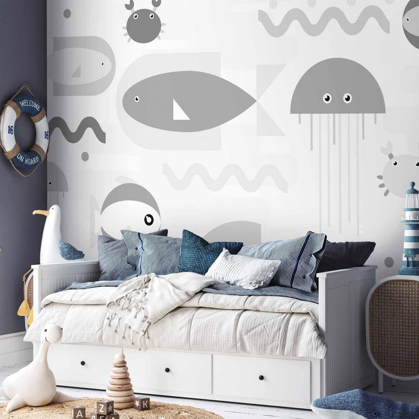 Fotobehang - Minimalist grey ocean - geometric fish in water for children