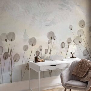 Fotobehang - Minimalist meadow - floral motif in light shades with reflections