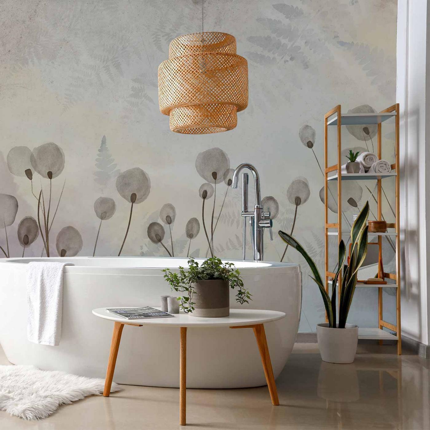 Fotobehang - Minimalist meadow - floral motif in light shades with reflections