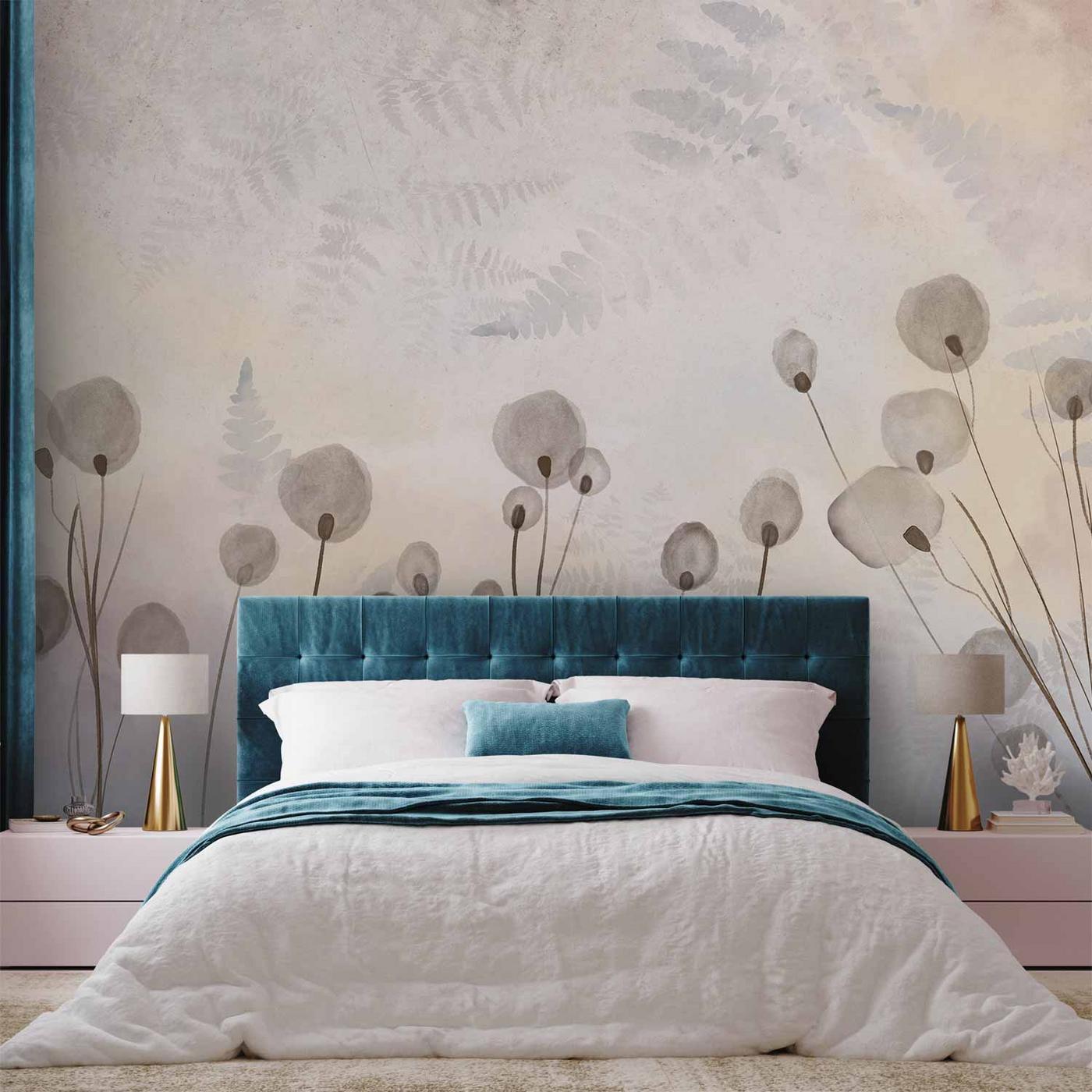 Fotobehang - Minimalist meadow - floral motif in light shades with reflections