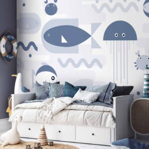 Fotobehang - Minimalist ocean - geometric fish and crabs in water for kids