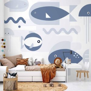 Fotobehang - Minimalist ocean - geometric fish and crabs in water for kids