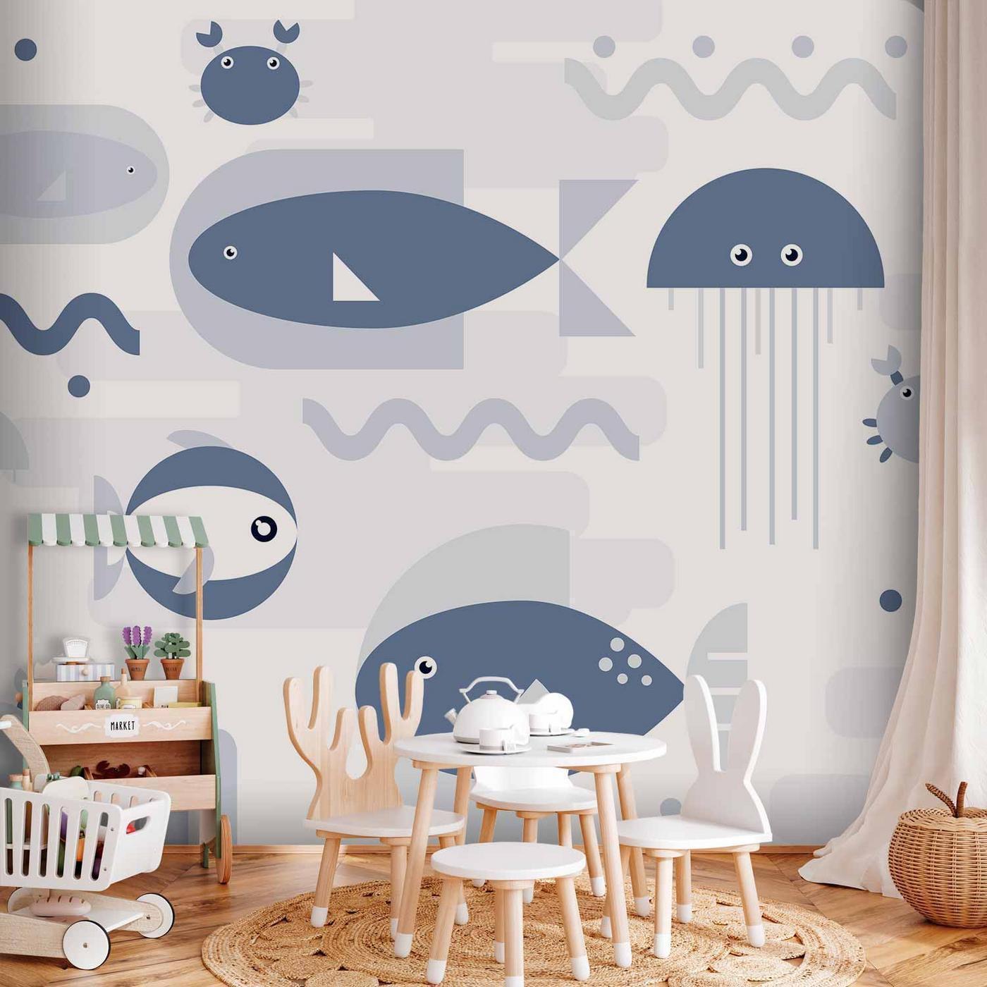 Fotobehang - Minimalist ocean - geometric fish and crabs in water for kids