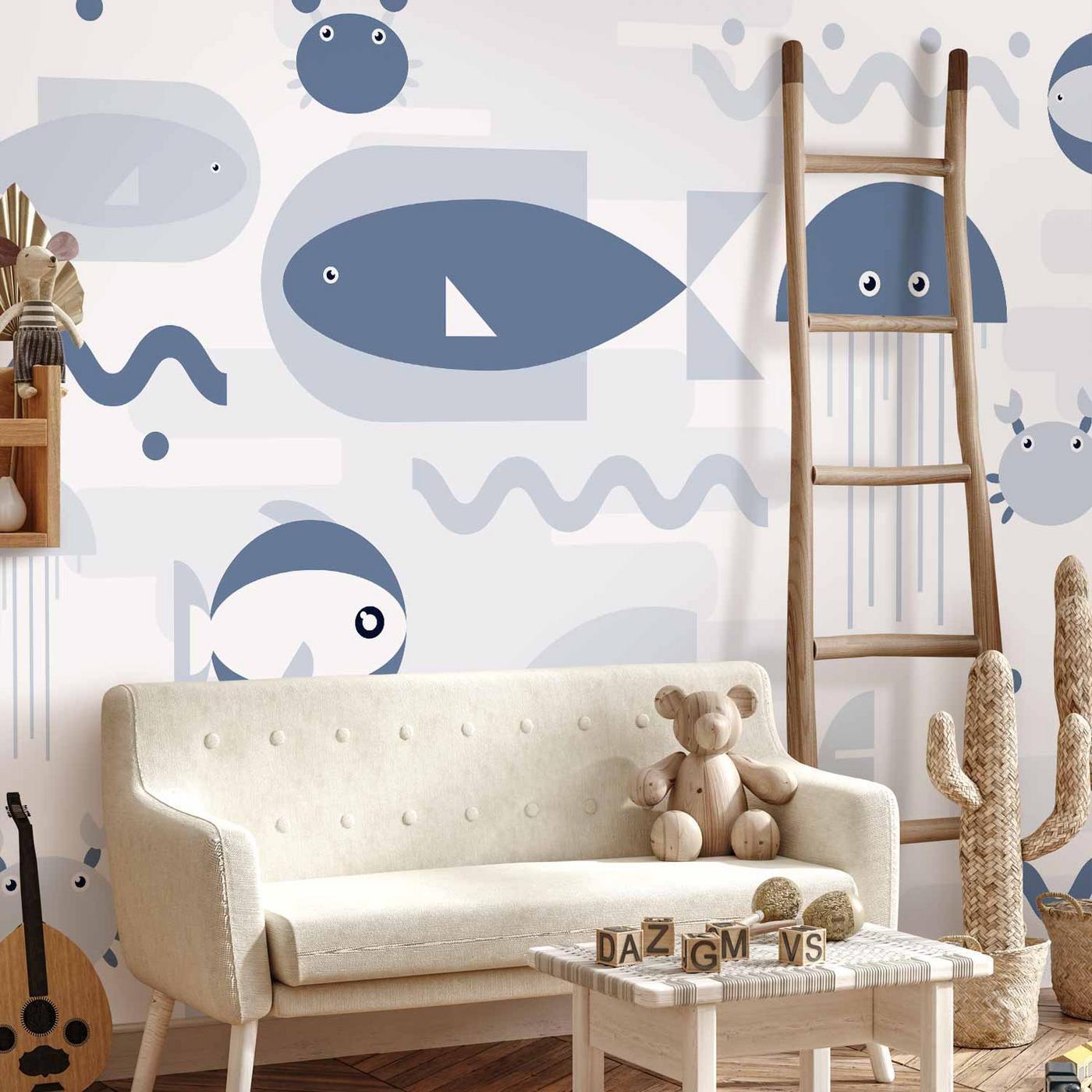 Fotobehang - Minimalist ocean - geometric fish and crabs in water for kids