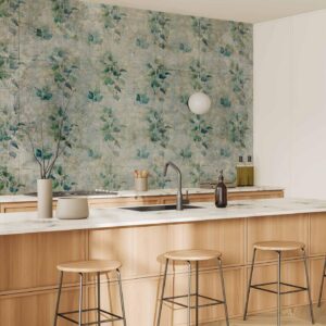 Fotobehang - Mint tones - green leaf bouquets on a retro patterned background