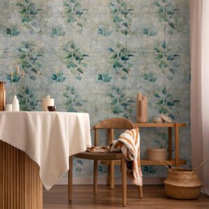 Fotobehang - Mint tones - green leaf bouquets on a retro patterned background