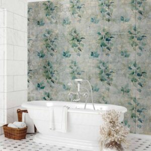 Fotobehang - Mint tones - green leaf bouquets on a retro patterned background