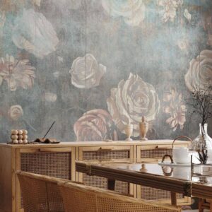 Fotobehang - Misty nature - muted rose flowers on a background in grey tones