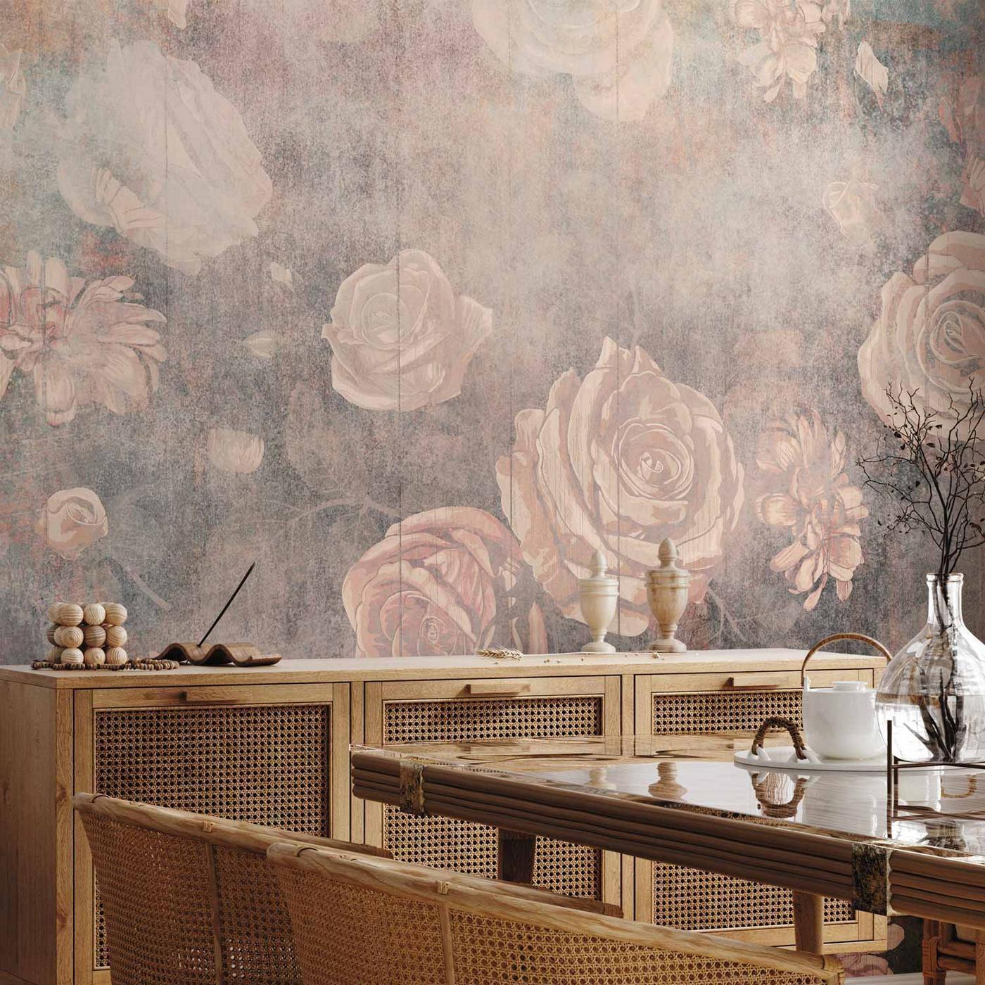 Fotobehang - Misty nature - orange flowers on a non-uniformly textured background