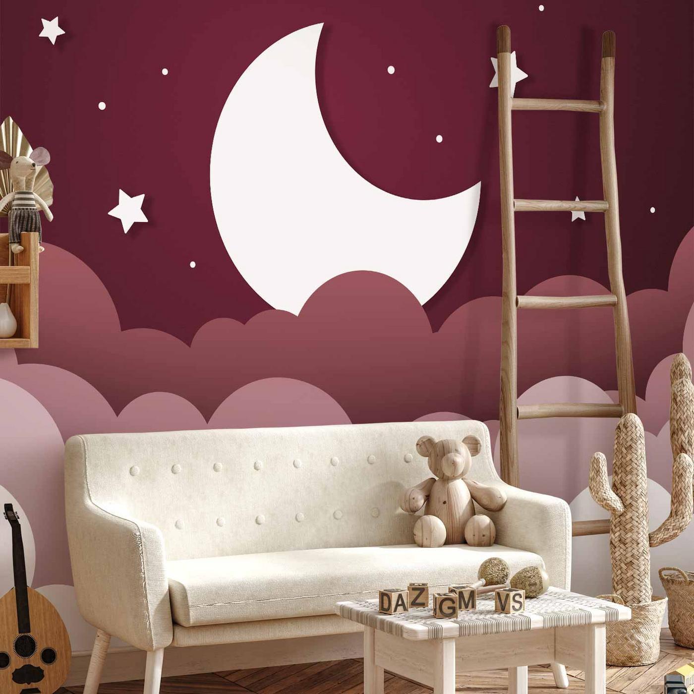 Fotobehang - Moon dream - clouds in a maroon sky with stars for children
