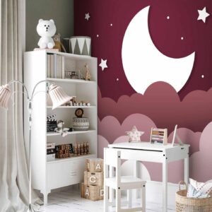 Fotobehang - Moon dream - clouds in a maroon sky with stars for children