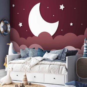 Fotobehang - Moon dream - clouds in a maroon sky with stars for children