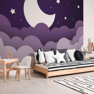 Fotobehang - Moon dream - clouds in a purple sky with stars for children