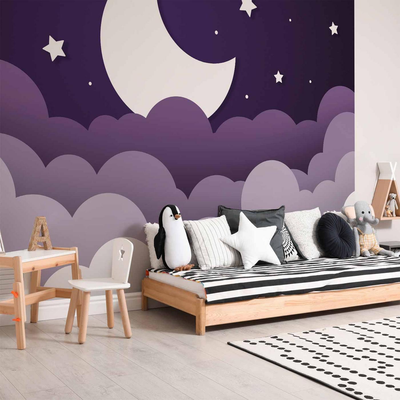Fotobehang - Moon dream - clouds in a purple sky with stars for children