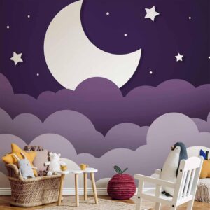 Fotobehang - Moon dream - clouds in a purple sky with stars for children
