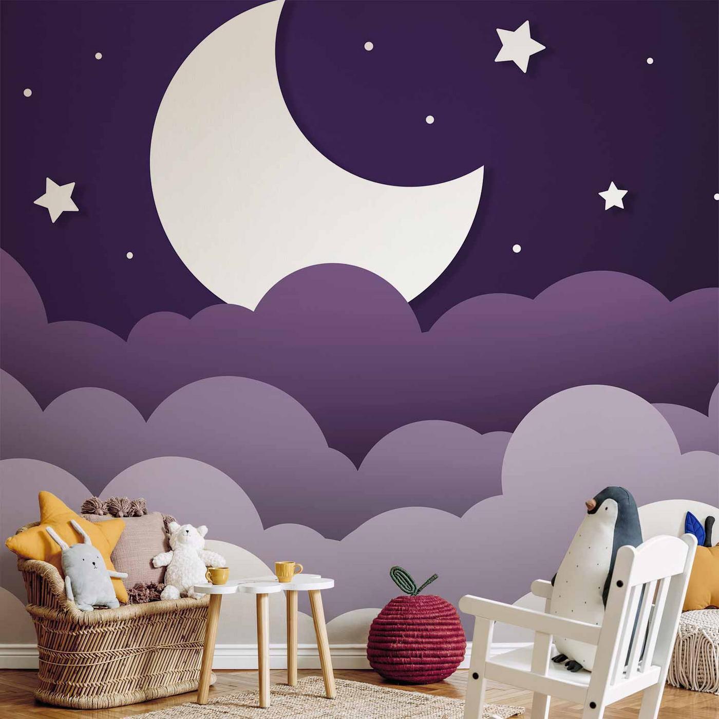 Fotobehang - Moon dream - clouds in a purple sky with stars for children
