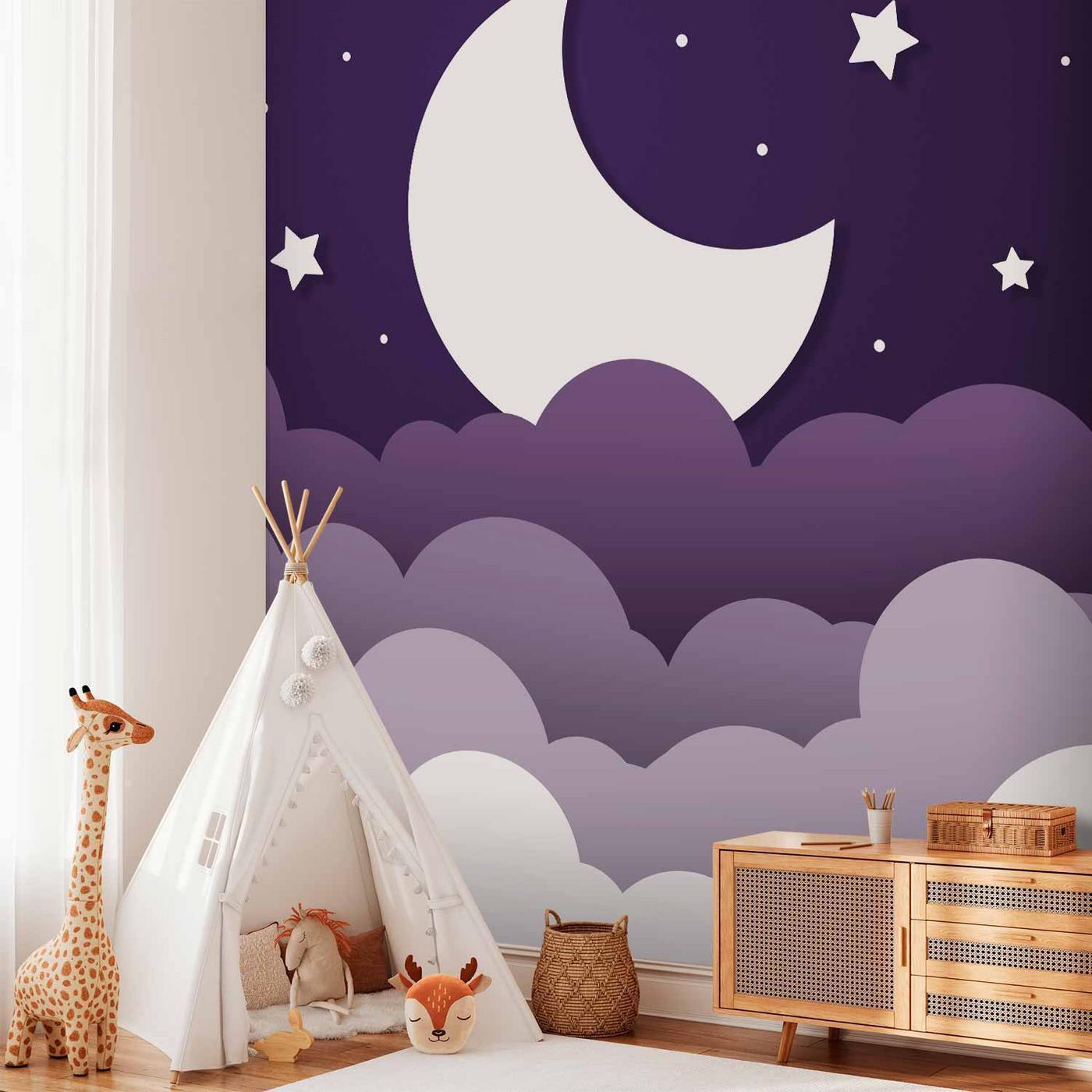 Fotobehang - Moon dream - clouds in a purple sky with stars for children