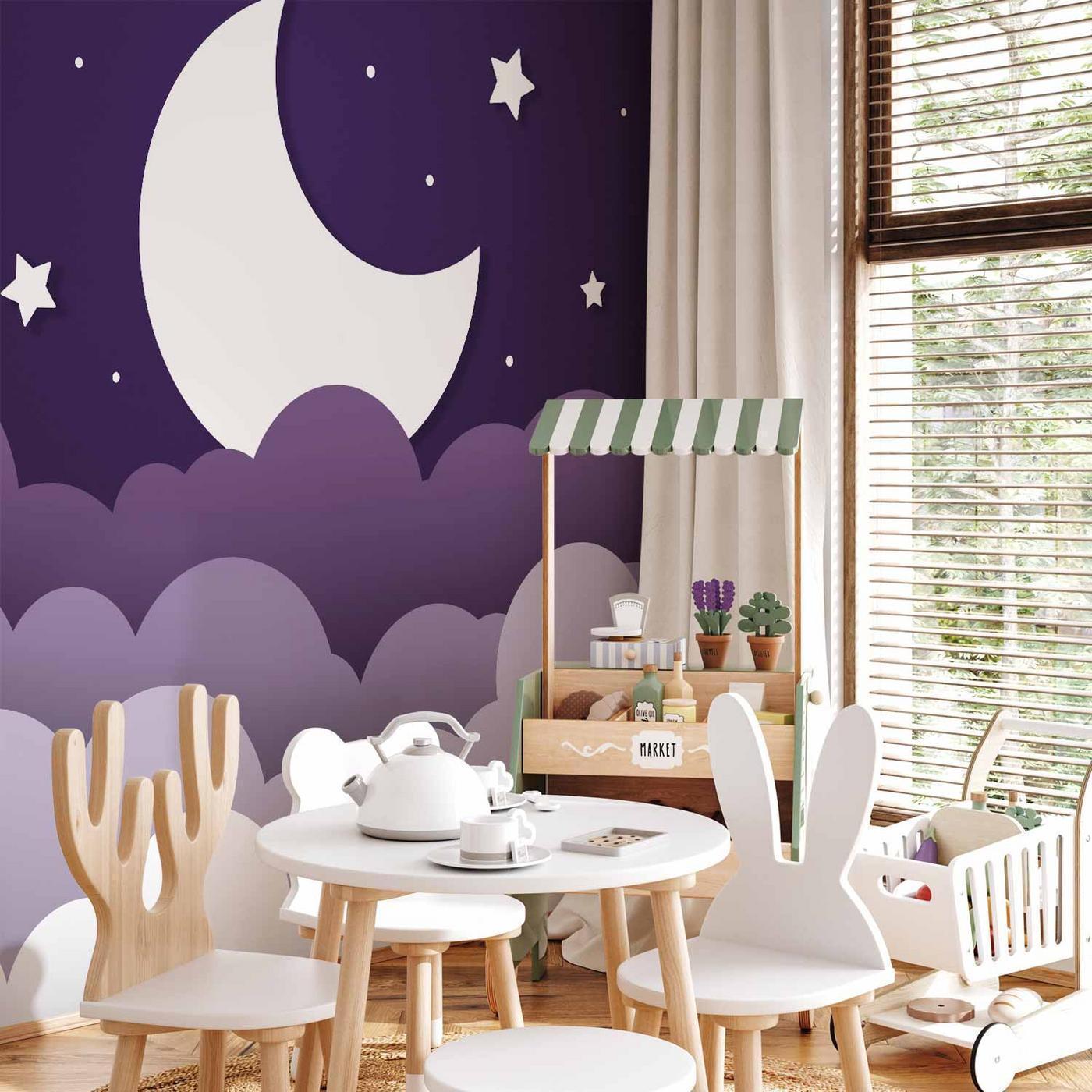 Fotobehang - Moon dream - clouds in a purple sky with stars for children