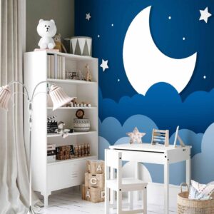 Fotobehang - Moon dream - clouds on a dark blue sky with stars for children