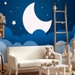 Fotobehang - Moon dream - clouds on a dark blue sky with stars for children