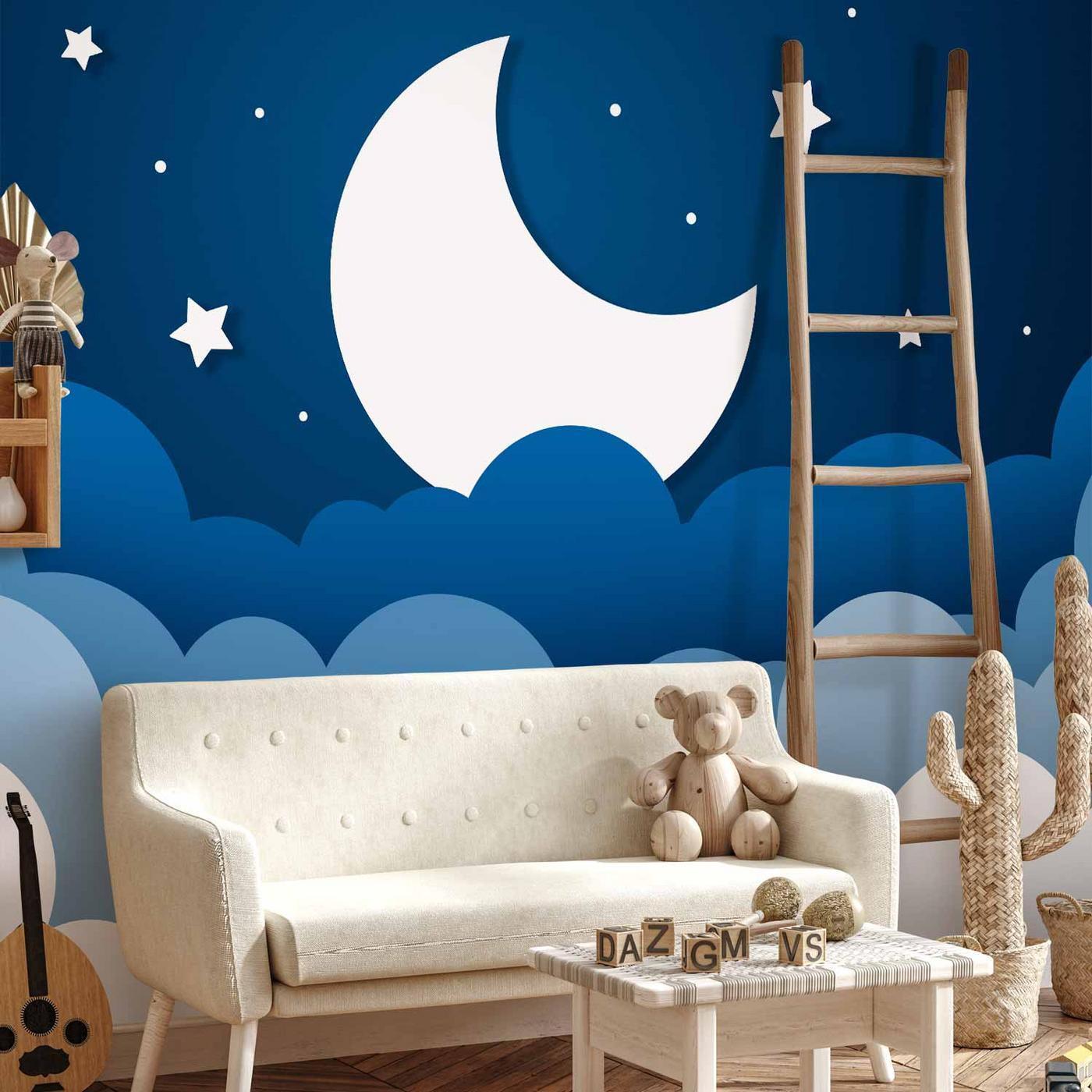 Fotobehang - Moon dream - clouds on a dark blue sky with stars for children