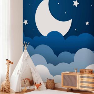 Fotobehang - Moon dream - clouds on a dark blue sky with stars for children