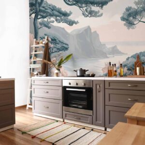 Fotobehang - Mountainous Coast with Trees and Rocks in Light Pastel Blues