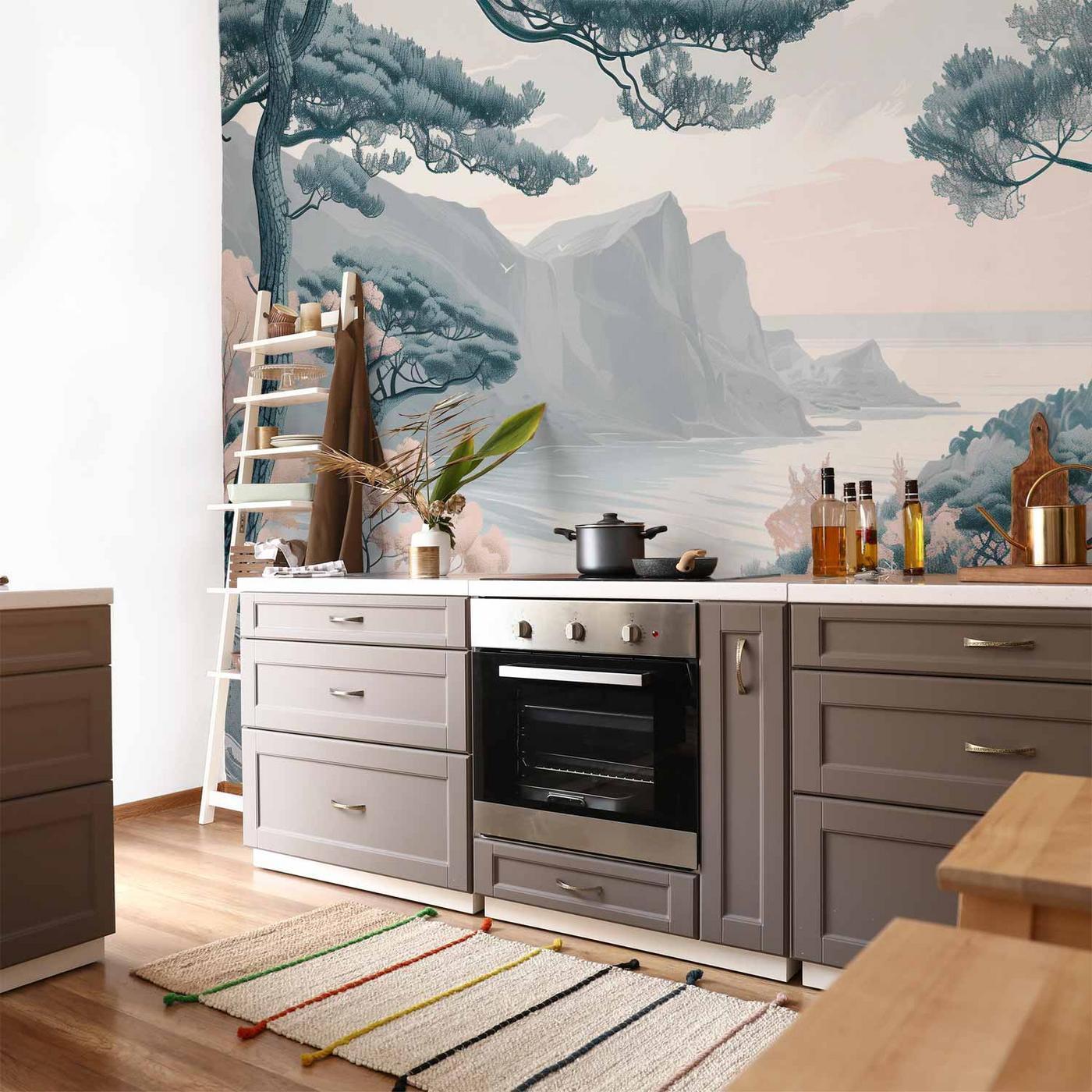 Fotobehang - Mountainous Coast with Trees and Rocks in Light Pastel Blues