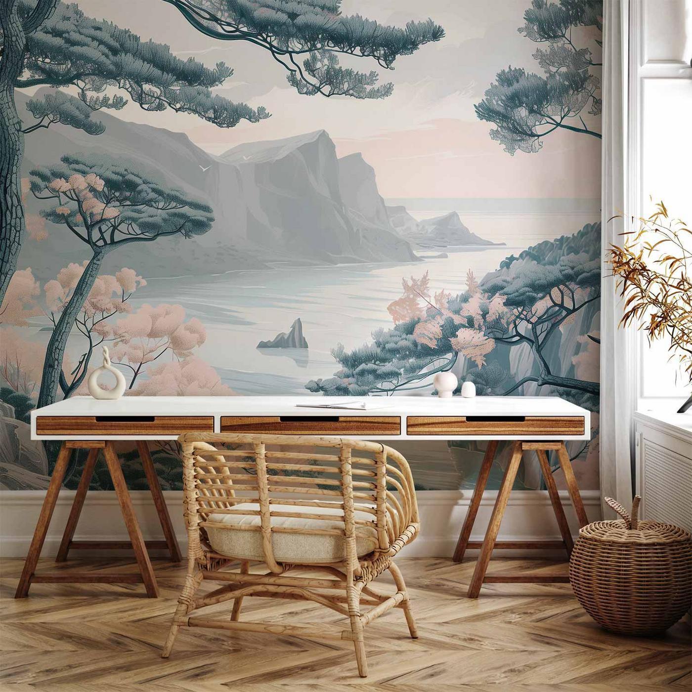 Fotobehang - Mountainous Coast with Trees and Rocks in Light Pastel Blues