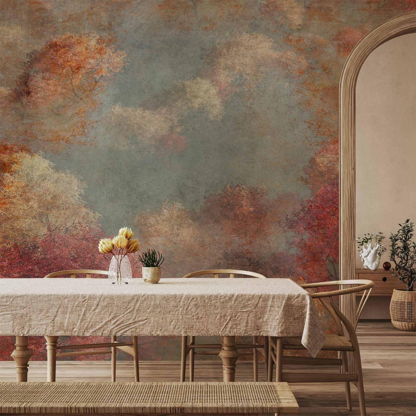 Fotobehang - Nature in autumn - landscape of autumn trees in painted retro style