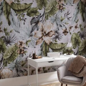 Fotobehang - Nature in retro style - jungle landscape with pale leaves and flowers