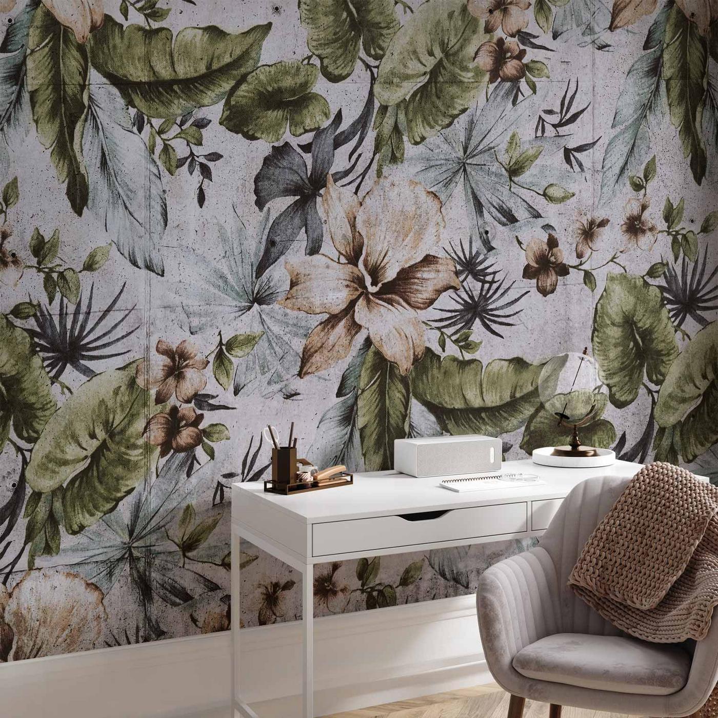 Fotobehang - Nature in retro style - jungle landscape with pale leaves and flowers