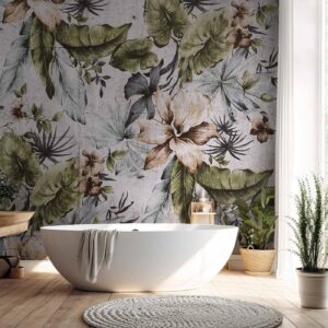 Fotobehang - Nature in retro style - jungle landscape with pale leaves and flowers