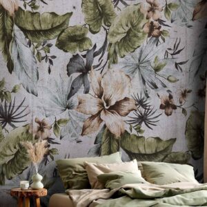 Fotobehang - Nature in retro style - jungle landscape with pale leaves and flowers