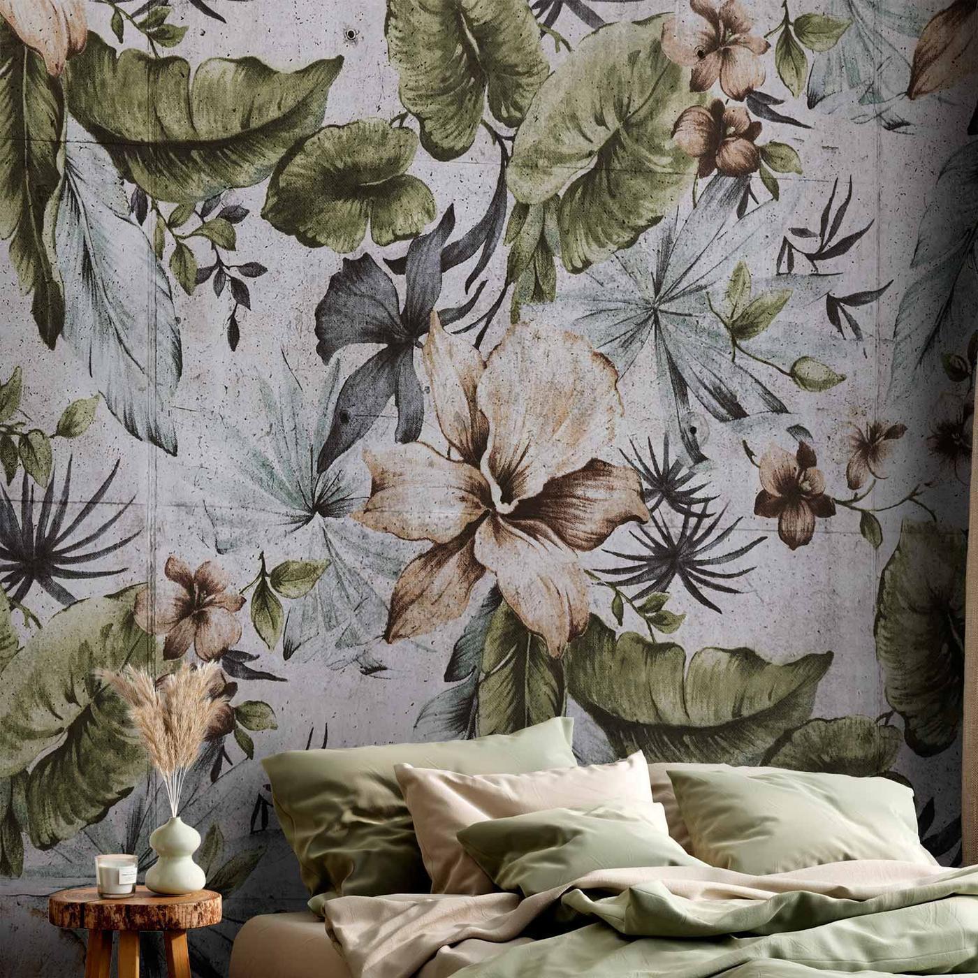 Fotobehang - Nature in retro style - jungle landscape with pale leaves and flowers