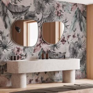 Fotobehang - Nature in retro style - landscape with leaves and flowers in grey tones