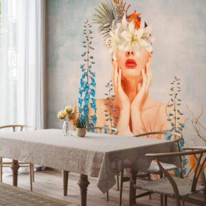 Fotobehang - Nature in thought - female figure among flowers on a patterned background